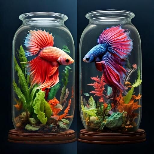 A captivating illustration of a Betta fish swimming in an aquarium, with a contrasting depic (1)