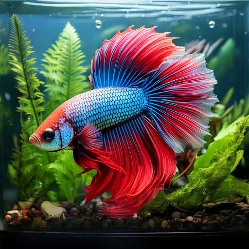 A detailed and vibrant illustration of a Betta fish swimming gracefully in a clean and well- (2)