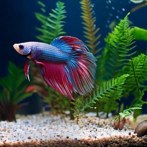 A high-resolution, realistic depiction of a vibrant Betta fish in a well-maintained aquarium