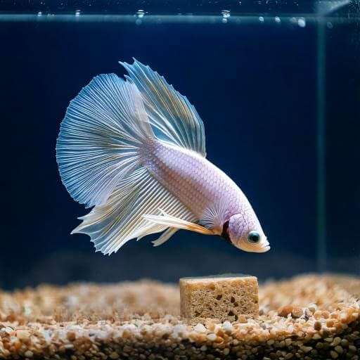 A realistic depiction of a white Betta fish in an aquarium with a feeding block placed near